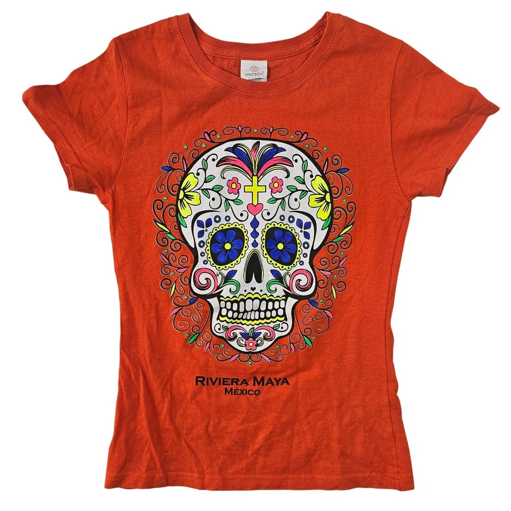 Yazbek Ella Riviera Maya Mexico Sugar Skull Graphic T-Shirt Orange Womens L
